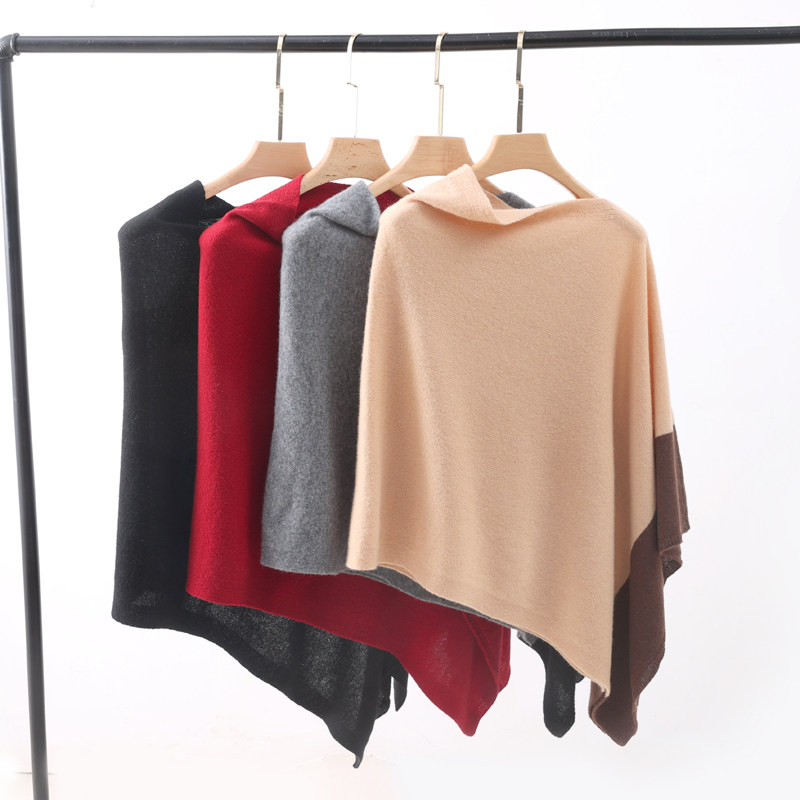 秋冬新款女士纯羊毛一字领不规则围巾披肩通勤百搭拼色暖坎肩