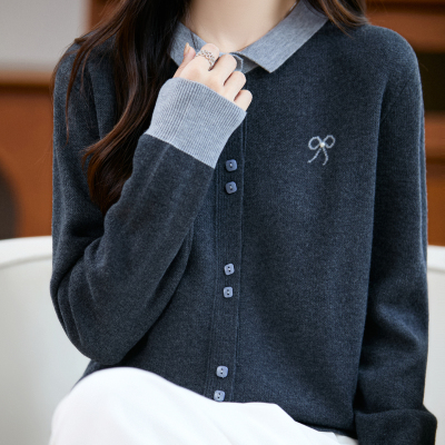 法式撞色POLO领针织开衫女2025新款拼色洋气减龄外搭打底衫毛衣潮