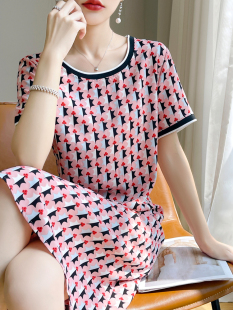 桑蚕丝绸缎面气质短袖 宽松大码 中长裙子 新款 高端真丝连衣裙女夏季
