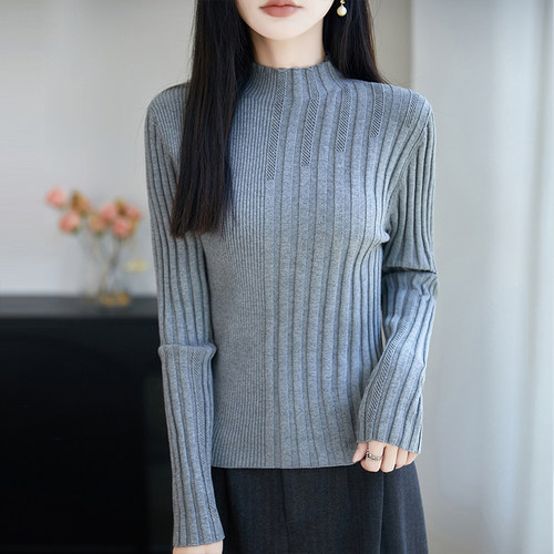 纯棉线法式坑条半高领针织衫女