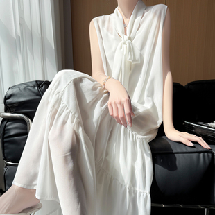 仙气飘飘~白色蝴蝶结系带无袖连衣裙女气质长裙雪纺乔其纱白裙子