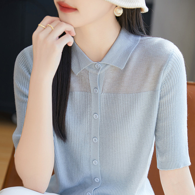 气质感polo领冰丝短袖t恤女新款夏季修身针织开衫多巴胺穿搭上衣