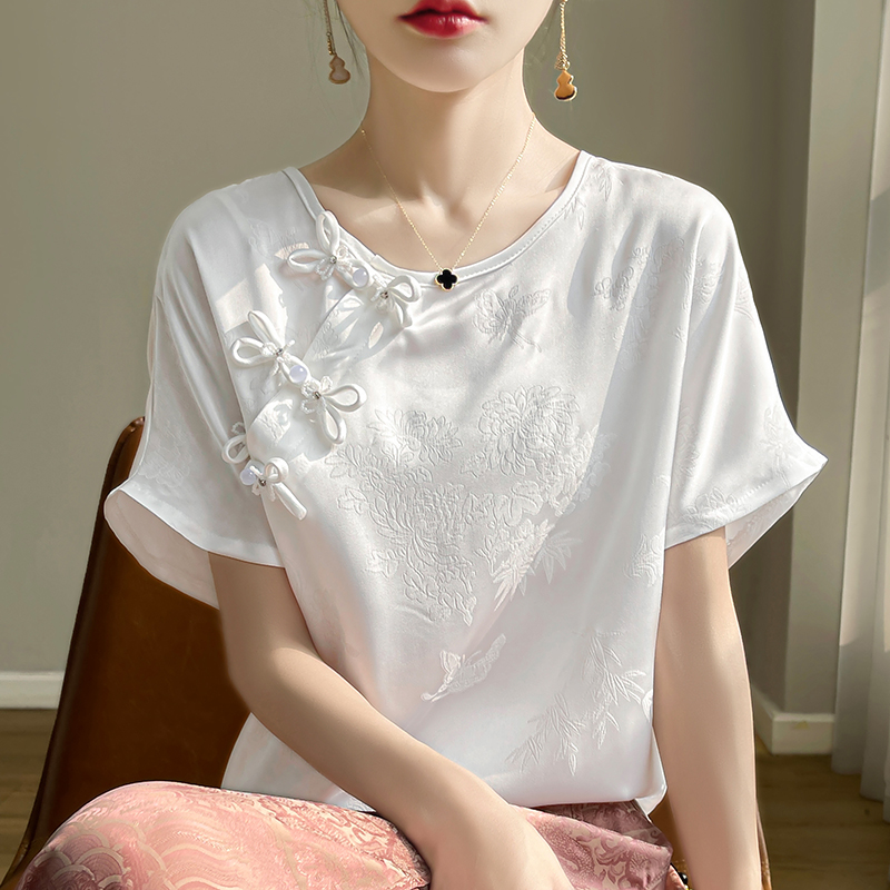白色国风新中式提花上衣2025夏季仿真丝汉服盘扣旗袍衬衫女短袖女