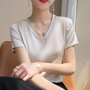 桑蚕丝缎面女纯色V领夏季 t恤宽松短袖 真丝内搭打底西装 上衣半袖