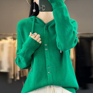 秋冬新款连帽针织衫女宽松开衫外穿搭带帽毛衣女羊毛减龄针织衫