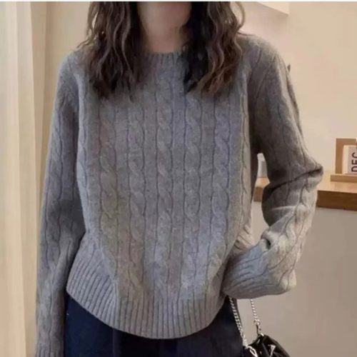 欧货麻花加厚圆领羊绒针织衫女秋冬宽松显瘦正肩毛衣打底羊毛衫