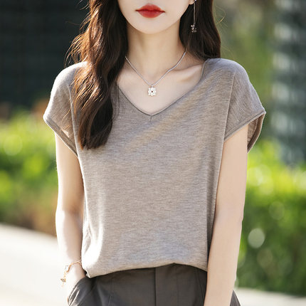 天丝针织V领短袖T恤女2024夏季新款宽松无袖背心上衣高级落肩t恤