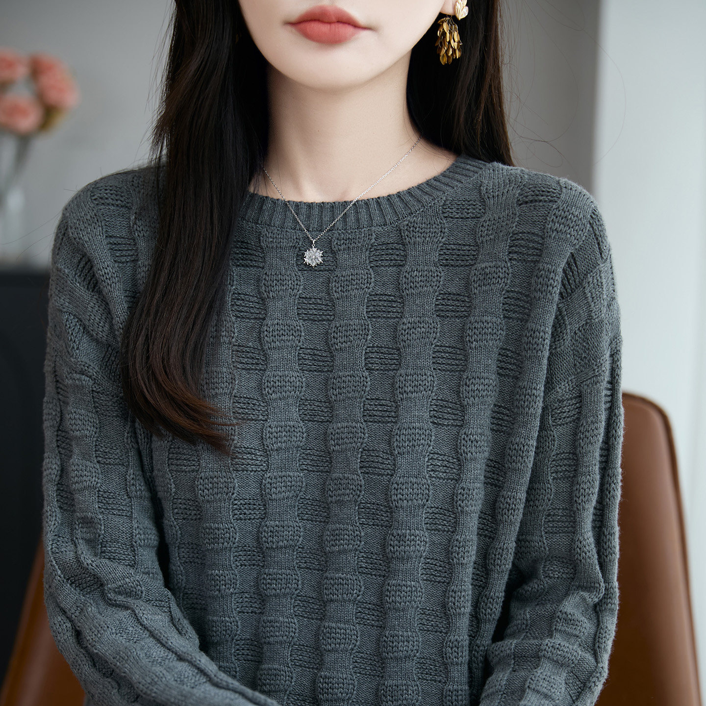 立体质感竹节毛衣女2026新款秋冬内搭针织衫长袖宽松纯棉线打底衫