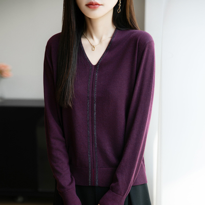 早秋V领烫钻针织打底衫女2025新款春秋上衣洋气大码女装秋冬毛衣