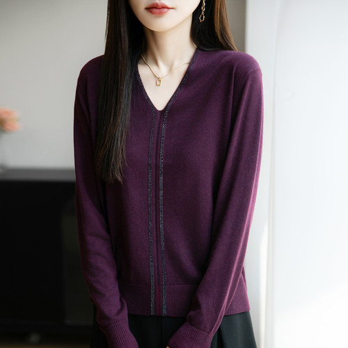 早秋V领烫钻针织打底衫女2025新款春秋上衣洋气大码女装秋冬毛衣