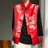 洋气盘扣坎肩复古唐装 中式 马夹潮 丝滑锻面提花马甲女大码 2025新款