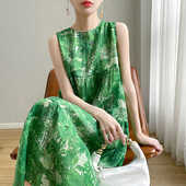 绝美冷淡风圆领碎花夏季 醋酸气质绿色背心无袖 连衣裙女神范沙滩裙