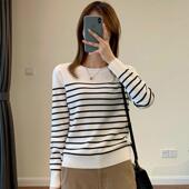 女2024年新款 黑白条纹纯棉针织衫 春秋毛衣打底衫 精纺棉上衣不起球