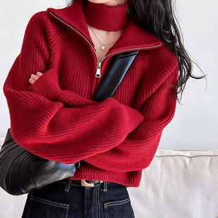 设计感半高领纯色拉链红色针织衫女短款秋季新款高腰毛衣宽松加厚