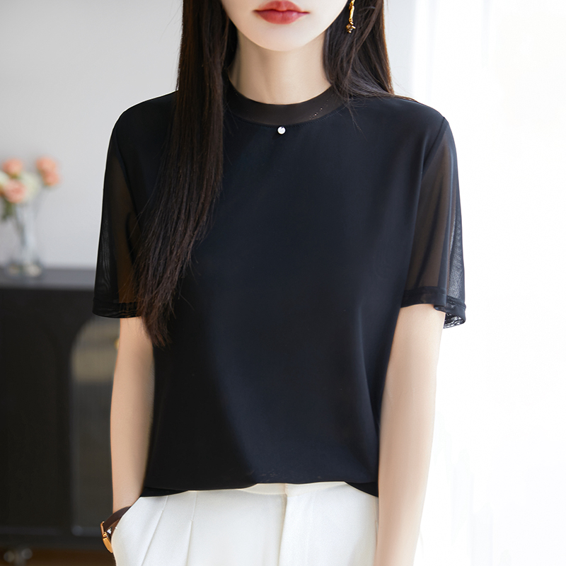 圆领修身网纱短袖T恤女2025年夏季新款时尚百搭显瘦气质减龄上衣