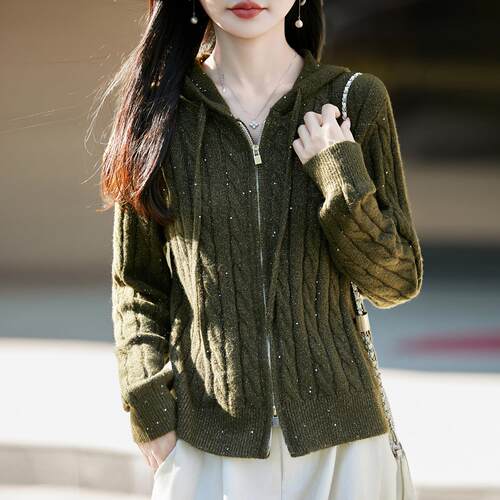 连帽双拉链蚕丝羊毛加厚女开衫