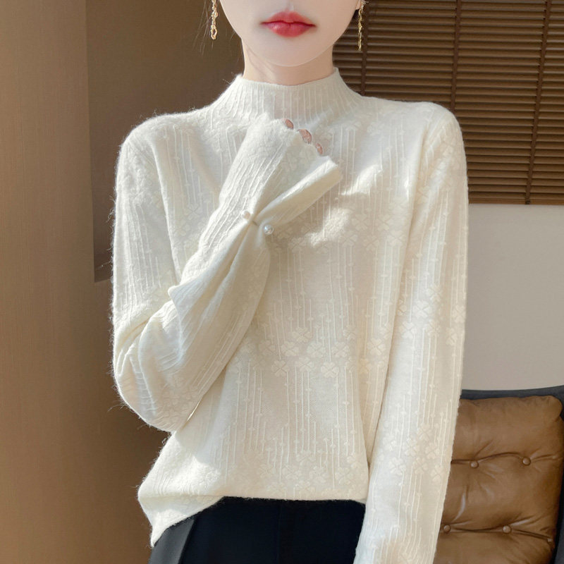 法式钉珠半高领羊毛衫女秋冬新款洋气打底毛衣四叶草提花针织上衣