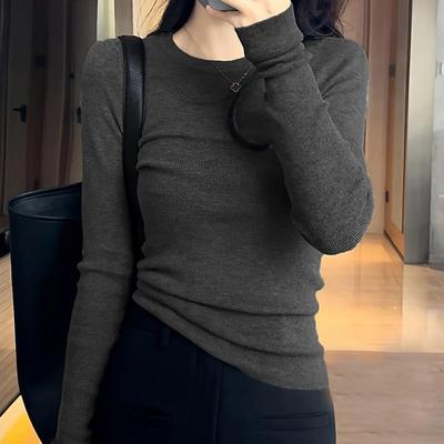 法式修身秋冬新款羊毛圆领打底衫女修身内搭正肩套头针织低领毛衣