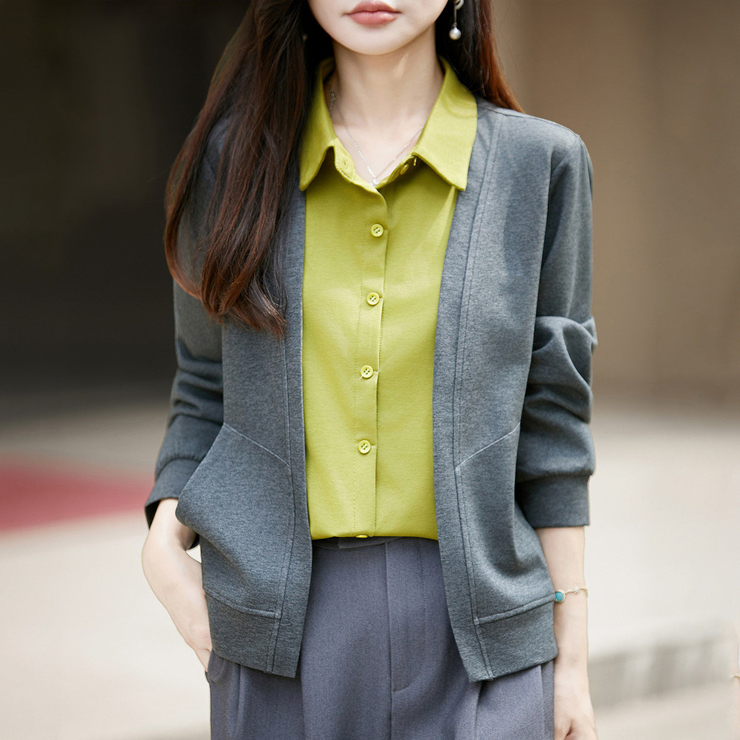 撞色假两件衬衫领棉针织开衫女毛衣外套时尚气质拼色POLO领打底衫