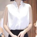 法式白色衬衫女士大码胖MM夏季设计感洋气减龄木耳边v领无袖上衣