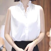 白色衬衫 女士大码 胖MM夏季 法式 设计感洋气减龄木耳边v领无袖 上衣