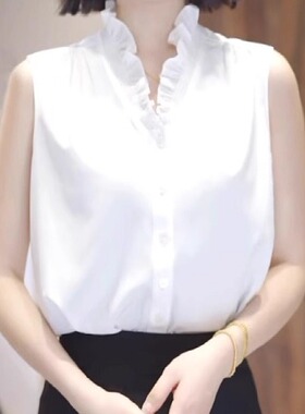 法式白色衬衫女士大码胖MM夏季设计感洋气减龄木耳边v领无袖上衣
