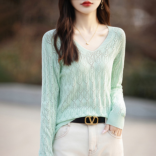 罩衫 V领镂空套头针织衫 小性感空调衫 防晒衫 女100%纯棉线内搭长袖