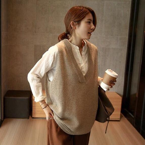 羊毛坎肩女V领 春秋新款针织马甲中长款时尚宽松无袖韩版毛衣背心