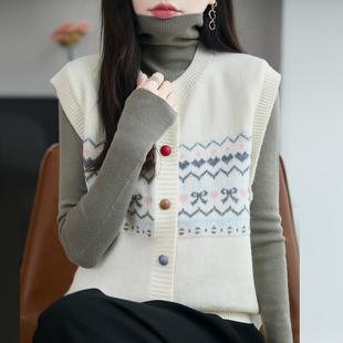 秋冬针织马甲背心女开衫 外套上衣叠穿提花洋气显瘦马夹毛衣坎肩