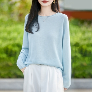 松弛感夏季薄款显瘦圆领清凉针织衫女宽松长袖透气防晒亚麻T恤衫