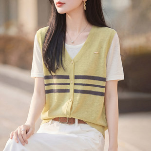 假两件短袖条纹针织衫女V领套头显瘦上衣针织马甲T恤夏季薄款半袖