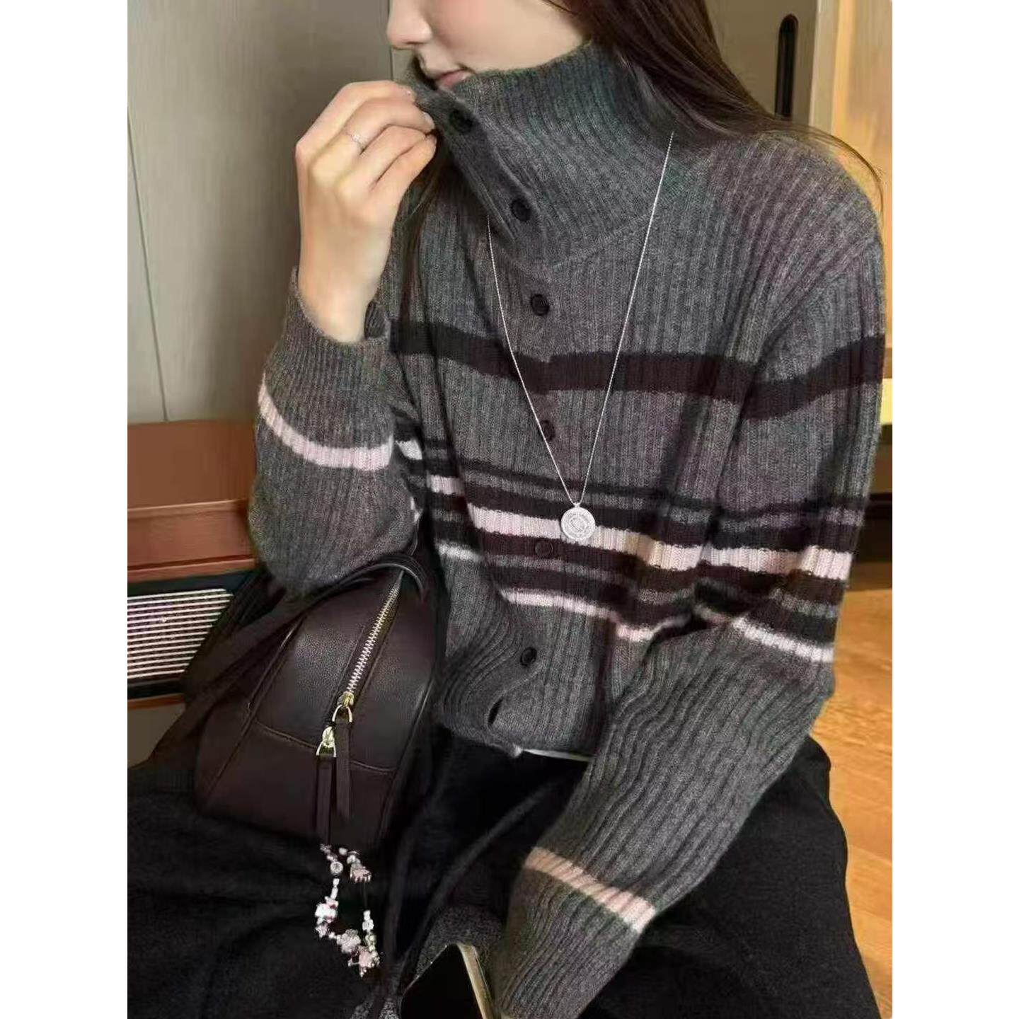 欧货秋冬撞色条纹高领羊绒针织开衫女宽松加厚立领毛衣羊毛衫外套,女装/女士精品,毛针织衫,淘宝优惠券,粉丝福利购,淘宝优惠卷