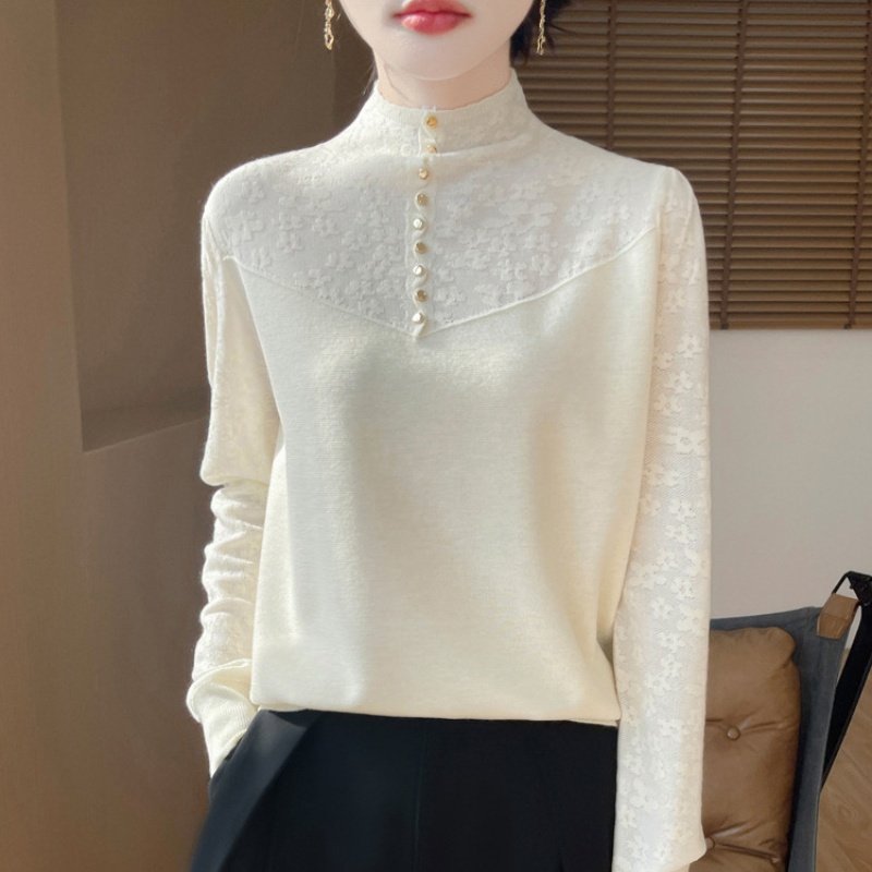 纽扣半高领针织打底衫女蕾丝拼接提花长袖保暖洋气内搭精纺毛衣新