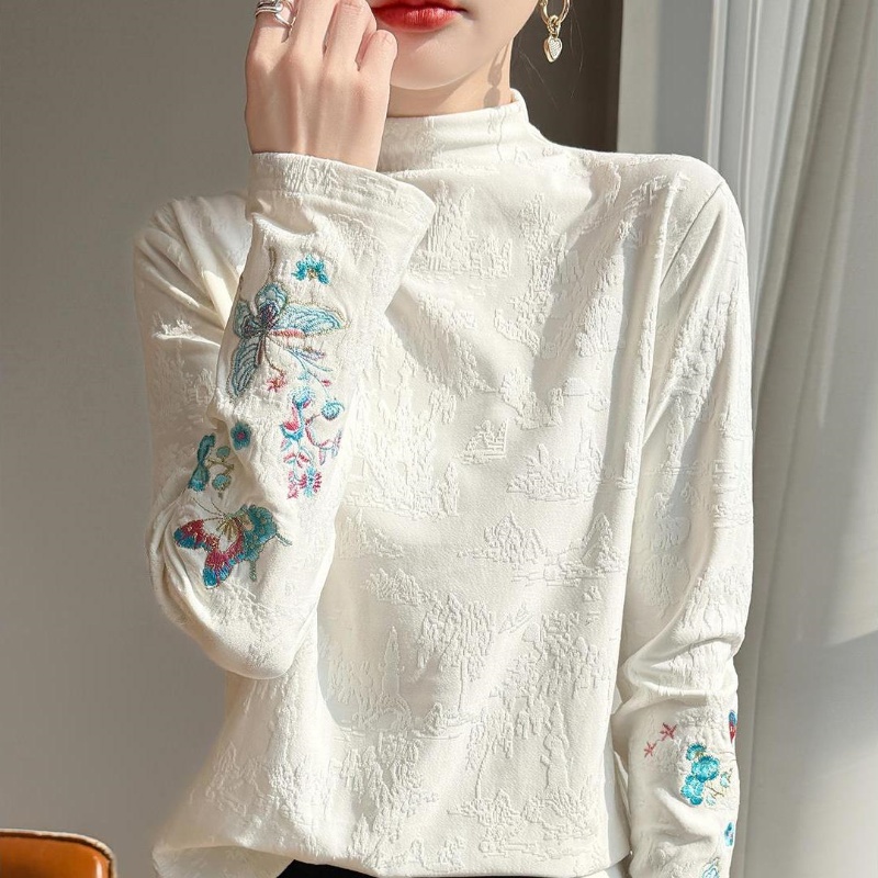 工艺暖艺~气质加绒刺绣提花女衬衫莱赛尔天丝半高领针织打底衫潮