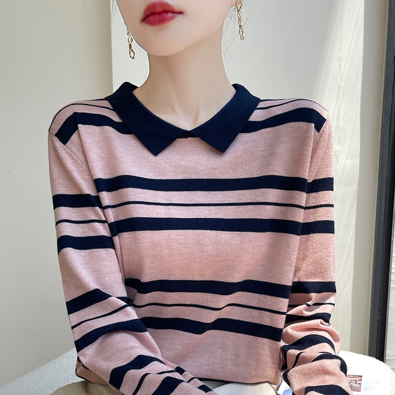 春秋新款精纺羊毛针织长袖打底衫女2025经典百搭撞色条纹Polo领