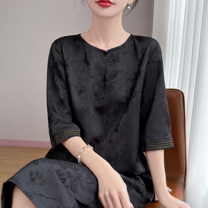 国风新中式七分袖连衣裙女装2026新款气质圆领宽松显瘦中长款裙子