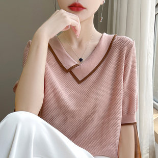 法式撞色翻领冰丝针织短袖t恤女2025夏季洋派减龄显瘦气质T恤上衣