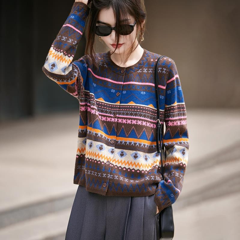 秋冬氛围感覆古民族风针织开衫外套加厚圆领拼色洋气毛衣外搭上衣