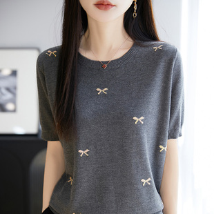 夏季精纺羊毛针织衫短袖女圆领立体刺绣T恤半袖宽松休闲百搭上衣