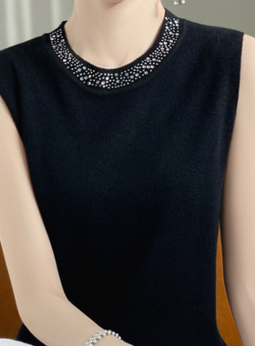 气质镶钻羊毛吊带女春季新款西装内搭圆领黑色背心无袖毛衣打底衫