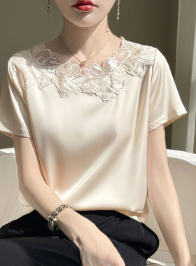 国风真丝上衣小衫宽松套头白色衬衫雪纺衫醋酸缎面桑蚕丝短袖t恤