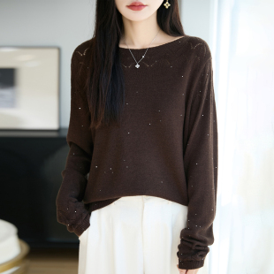 时尚外穿毛衫女秋季薄款亮片针织衫圆领套头毛衣宽松遮肚子打底衫