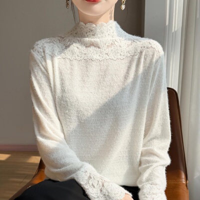 洋气蕾丝木耳边半高领针织衫女白色毛衣软糯减龄显瘦休闲风打底衫