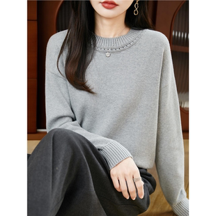 重磅加厚100纯棉线针织衫女韩版宽松显瘦法式设计感长袖打底毛衣