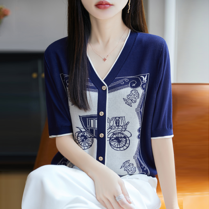 V领提花短袖t恤女宽松显瘦