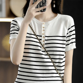 潮T t恤女宽松圆领正肩气质棉麻体恤大码 夏季 纯棉黑白条纹针织短袖