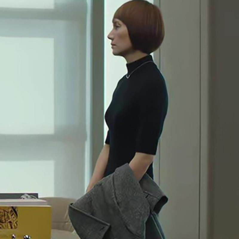 专柜版！半高领中袖针织衫女黑色修身内搭五分袖打底衫半袖毛衣女