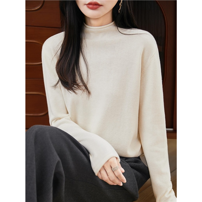 法式时尚100%纯棉线针织打底衫女半高领毛衣2025新款宽松休闲打底