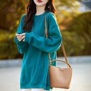 久穿不变形！加绒中长款圆领卫衣女宽松纯棉加厚慵懒风T恤胖M遮肉