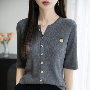 法式V领针织衫女高级感刺绣上衣夏季薄款气质休闲宽松五分袖上衣